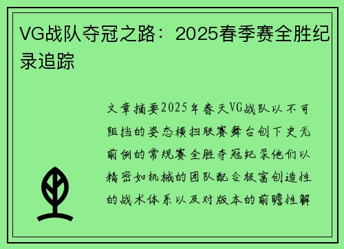 VG战队夺冠之路：2025春季赛全胜纪录追踪